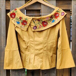 STUNNING LULUMARI Round Neck Top Women's Medium EMBROIDERED Warm Tones Floral